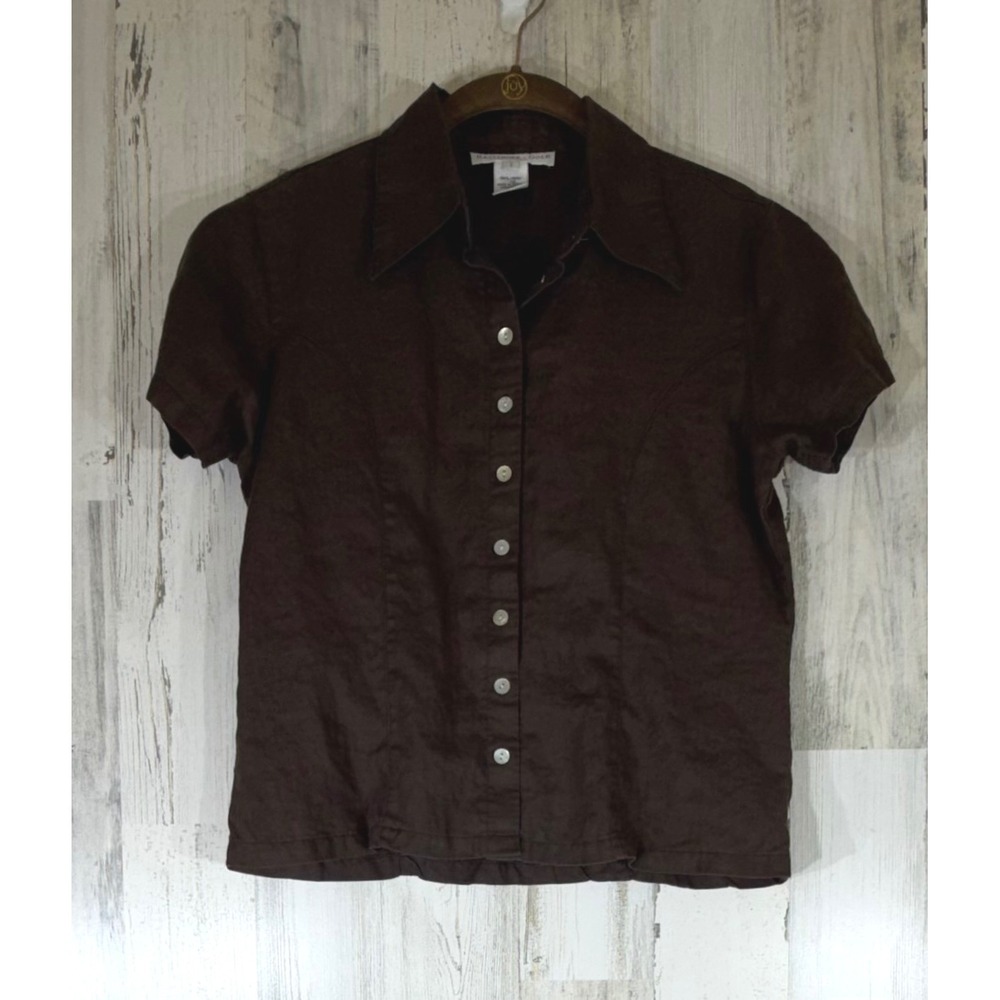Ballinger Gold Button Down Top Small Brown 100%‎ Linen Tailored Neutral Office